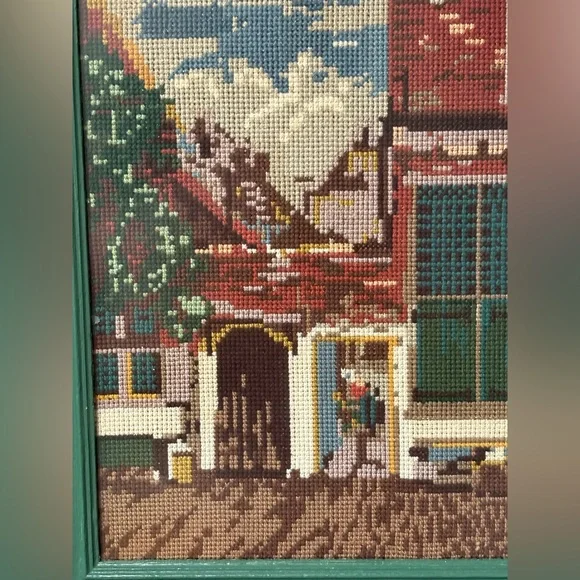 Vintage Needlepoint Cross-stitch Art Framed Johannes Vermeer 19.5 LX 16.5 W